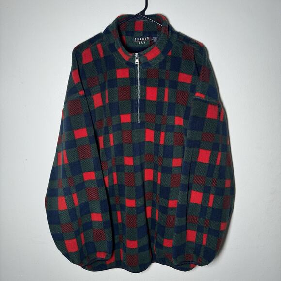 VTG Sears Trader Bay Men’s Large Red Green Plaid Fleece Jacket 1/4 Zip - Picture 1 of 8